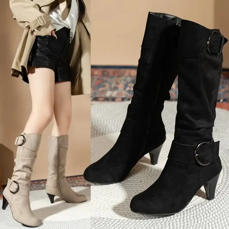 Women’s Knee-High Zipper Boots – Pointed Toe English-Style Fashion Shoes, Casual Plus Size 43