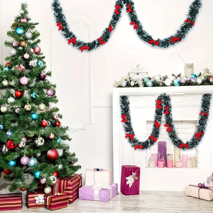 Christmas Bow Tinsel Ribbon Garland – Green Ribbon for Tree, Wreath & Holiday Decor