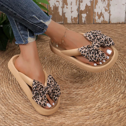Women's Leopard Bow Flip Flops - Soft Thick-Soled Cloud Slippers for Summer Beach & Travel