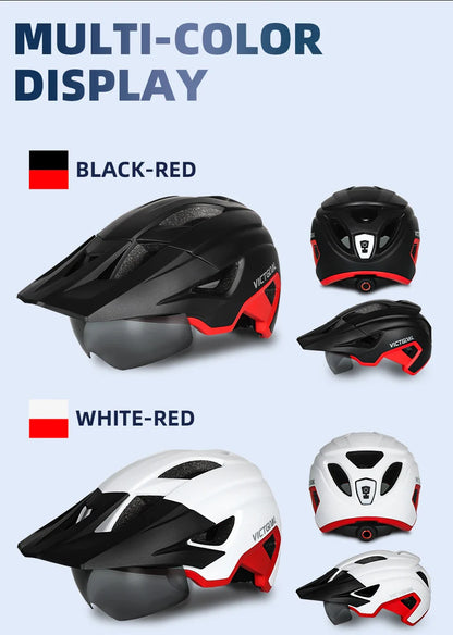 VICTGOAL LED Bike Helmet – Rechargeable Men’s Cycling Helmet with Sun Goggle Visor & Sunglasses Shield for Road & MTB Cycling