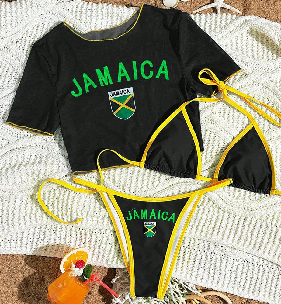 Women’s Brazilian Flag Print Bikini Set – Sexy 3-Piece Thong Split Swimsuit 2026 Summer Beachwear with Short Sleeve Cover Up