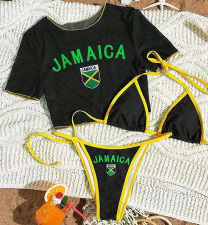 Women’s Brazilian Flag Print Bikini Set – Sexy 3-Piece Thong Split Swimsuit 2026 Summer Beachwear with Short Sleeve Cover Up