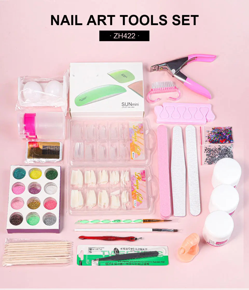 Nail Acrylic Powder and Liquid Monomer Kit – Crystal Nail Glitter, 3D Nail Tips, Carving Tools for Nail Art Decoration