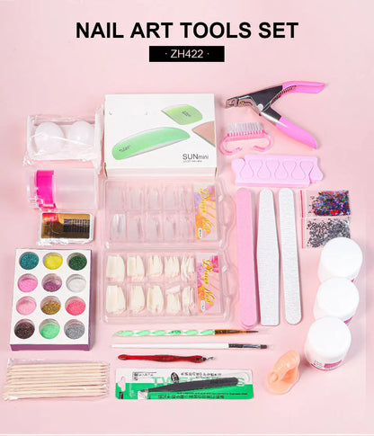 Nail Acrylic Powder and Liquid Monomer Kit – Crystal Nail Glitter, 3D Nail Tips, Carving Tools for Nail Art Decoration