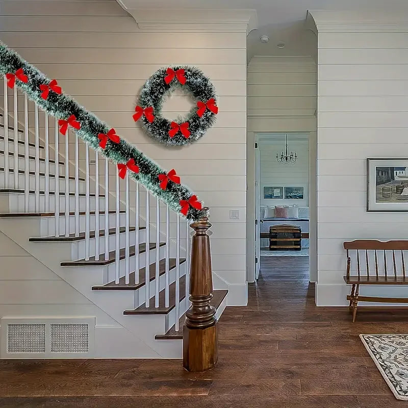 Christmas Bow Tinsel Ribbon Garland – Green Ribbon for Tree, Wreath & Holiday Decor