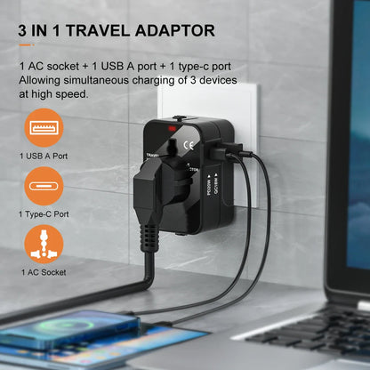 International Travel Adapter with USB-A QC18W & Type-C PD20W Fast Charger – Universal Wall Charger for UK, EU, AU, US Plugs