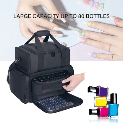 80 Bottle Nail Polish Organizer Case - Large Capacity Portable Travel Storage with 2 Removable Bags for Women