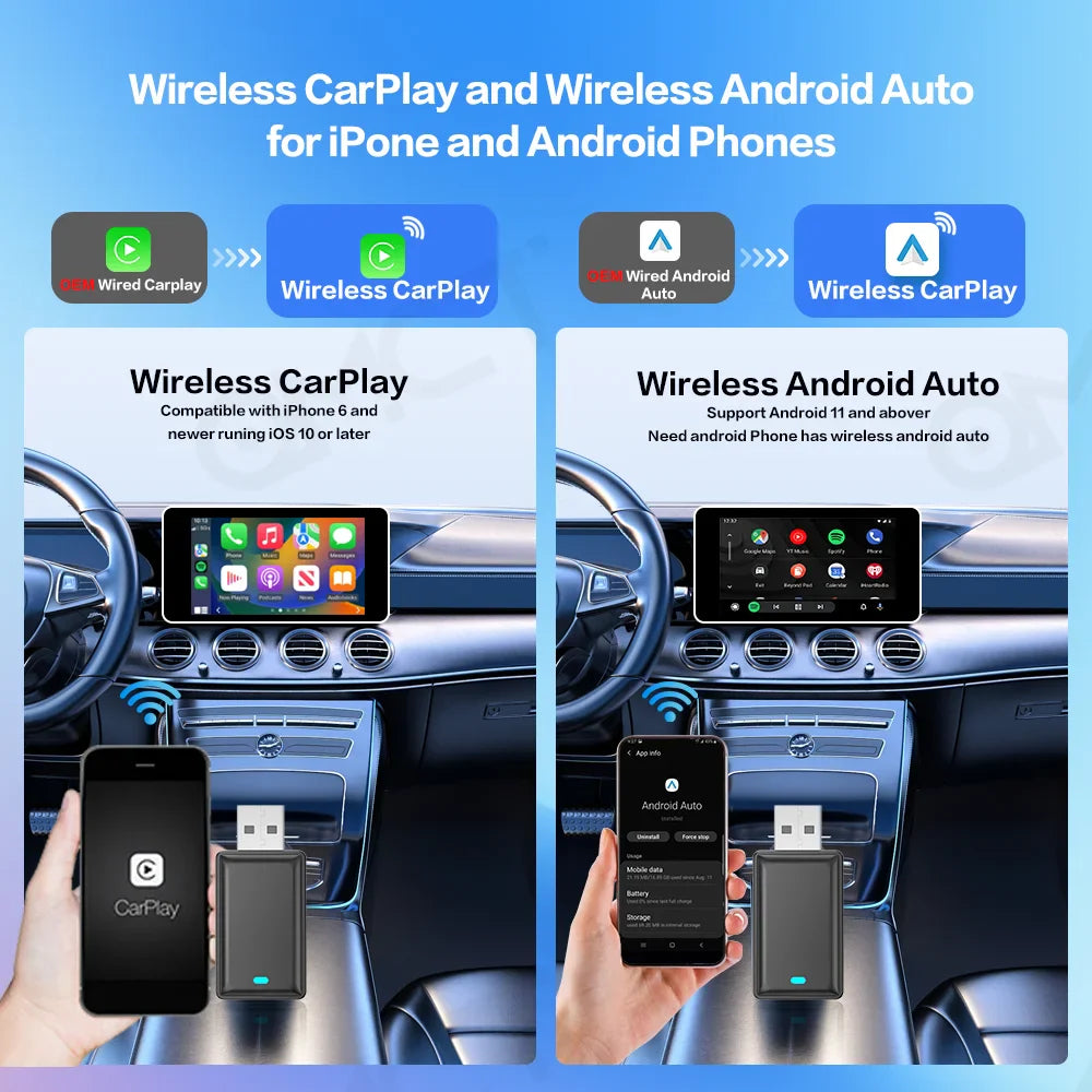 2024 CarPlay Wireless Android Auto Adapter - 2-in-1 Smart Dongle with FOTA Update, Plug and Play for Volvo, Benz, Audi, Honda, Haval, Hyundai