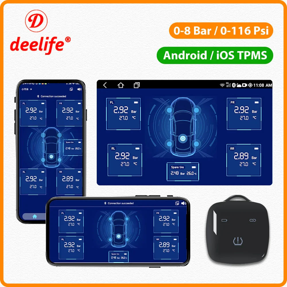 Deelife Car TPMS – Tire Pressure Monitoring System for Android and iOS with Bluetooth BLE Sensors for 4-5 Wheels