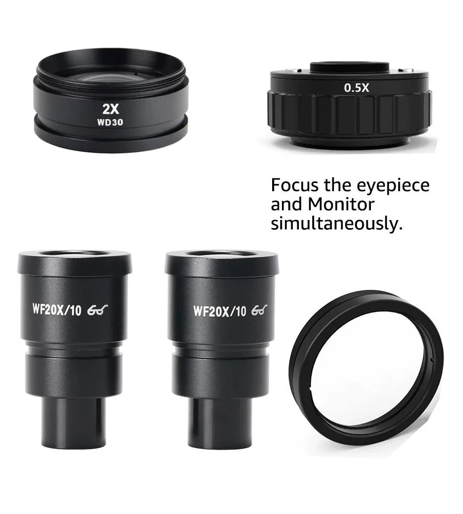 3.5-200X Simul-Focal Stereo Trinocular Microscope Set – 4K/2K/1080P HDMI VGA USB Camera, Clamp & Folding Extension Base