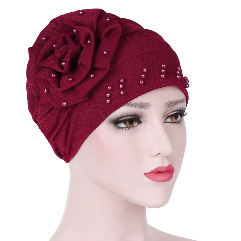 2024 Pearl Embellished Muslim Turban Beanie for Women – Elastic Hijab Headwrap with Flower Chemo Cap