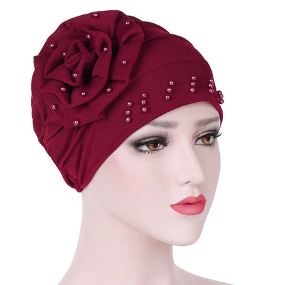 2024 Pearl Embellished Muslim Turban Beanie for Women – Elastic Hijab Headwrap with Flower Chemo Cap