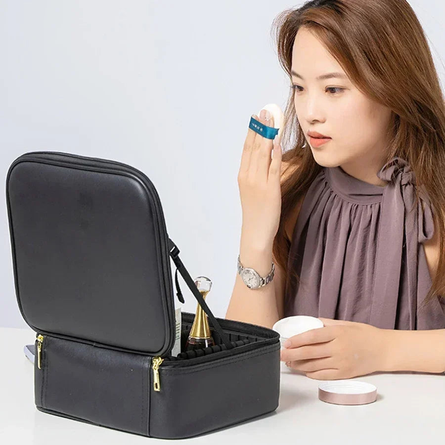 LED Lighted Cosmetic Case with Mirror - PU Leather Portable Travel Makeup Bag - Waterproof Makeup Storage