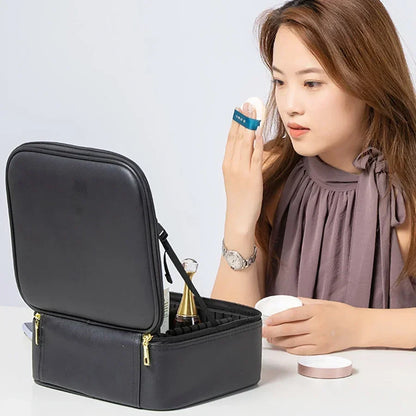 LED Lighted Cosmetic Case with Mirror - PU Leather Portable Travel Makeup Bag - Waterproof Makeup Storage