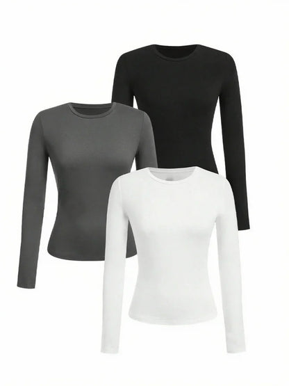 Women's Solid Color Long Sleeve T-Shirt – Round Neck Knitted Polyester Regular Fit Fall Winter Top