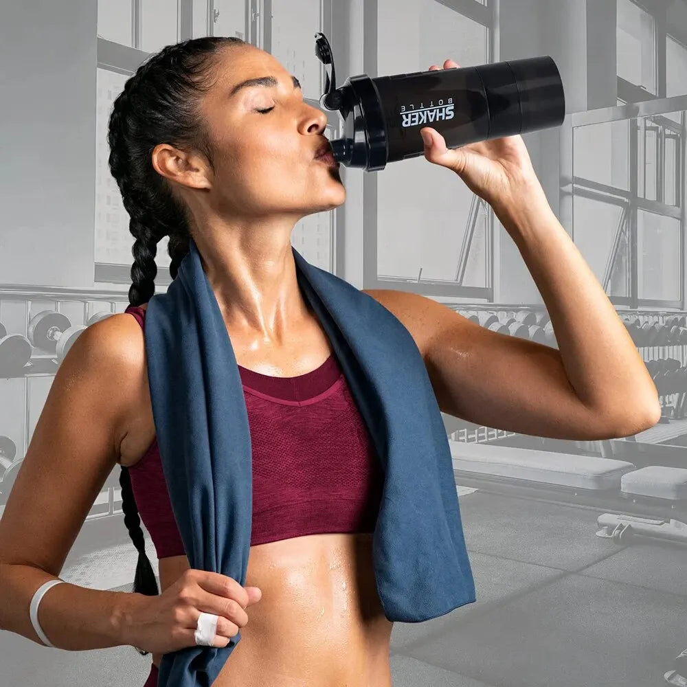 3-Layer Shaker Protein Bottle: Powder Shake Cup for Body Building, Exercise, and Hydration - Plastic Mixing Cup