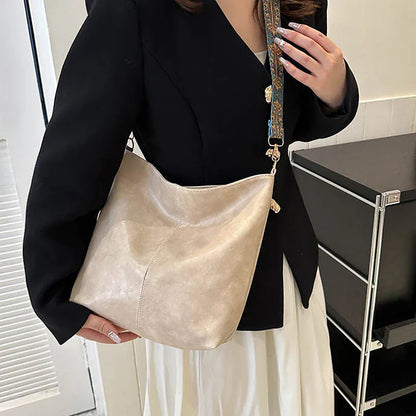 Wide Geometric Strap Shoulder Bag - Large Capacity Crossbody PU Leather Bag for Women, Retro Style for Shopping and Travel