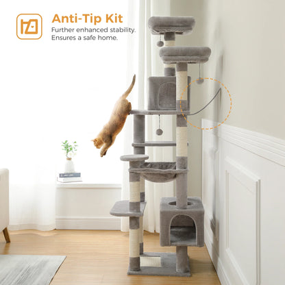 Large Cat Tree Tower – Multi-Level Plush Indoor Cat Condo with Scratching Posts, Boards, Perches & Caves