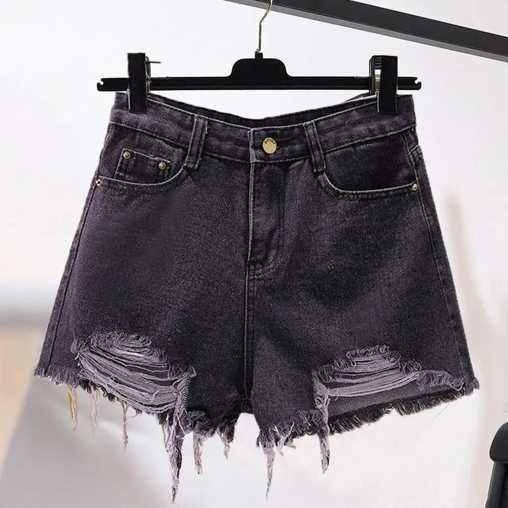 Summer Women’s Korean High Waist Cowboy Denim Shorts — Casual White Jeans with Pockets, Tassels & Ripped Holes Y2K Style