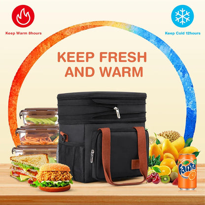 Expandable 17L Insulated Double-Decker Lunch Bag – Leakproof Cooler Tote with Side Pocket for Work, Picnic, Camping & Travel