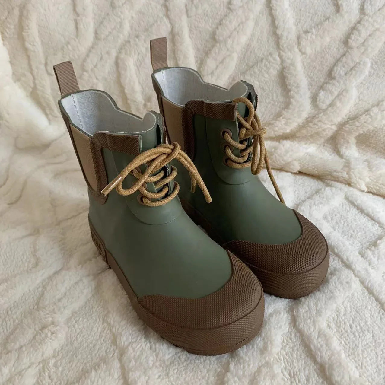 Kids Soft Rubber Rain Boots – Waterproof Lace-Up Mid-Calf Anti-Slip Shoes for Boys & Girls