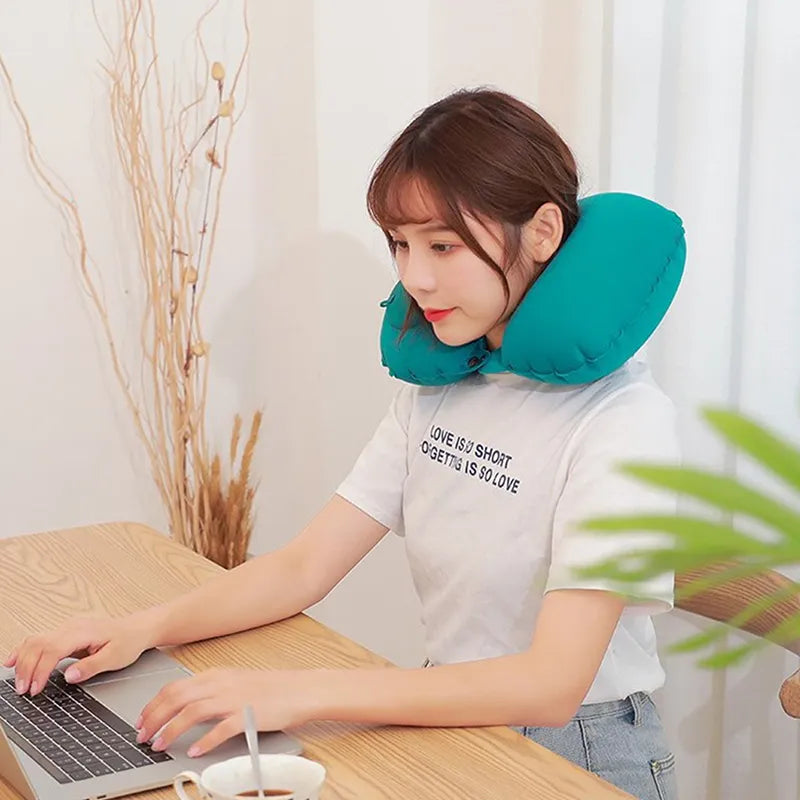 Foldable Travel U-Shape Neck Pillow - Portable Press-Inflatable Cushion for Airplane and Car Rest