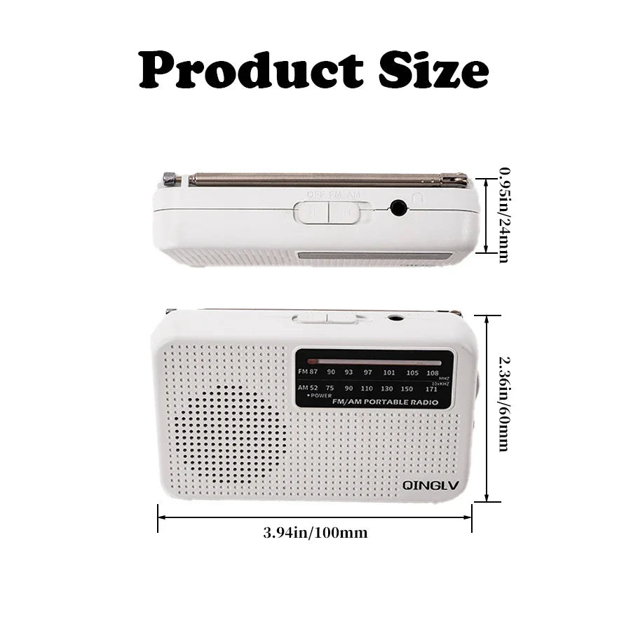 Mini FM/AM Two-Band Radio — 1W Loud Speaker with 3.5mm Headphone Jack & 180° High-Performance Antenna for Home Use