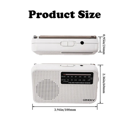 Mini FM/AM Two-Band Radio — 1W Loud Speaker with 3.5mm Headphone Jack & 180° High-Performance Antenna for Home Use
