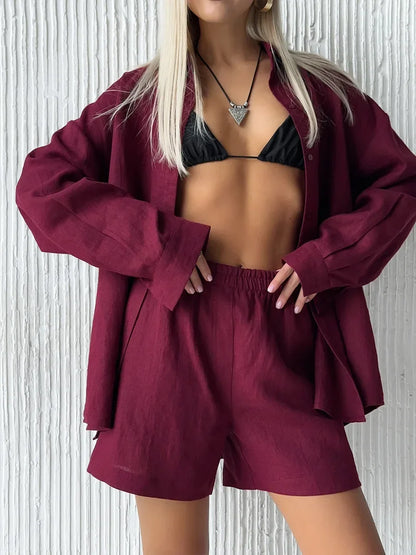 Bornladies Women’s Cotton Casual Shorts Set – Solid Color Lapel Long Sleeve Shirt & Elastic Waist Shorts Outfit for Daily Wear & Vacation Style