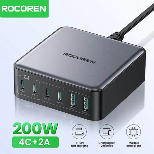 Rocoren 200W GaN Fast Charger with 6 Ports - Portable Desktop Power Station USB-C for iPhone 16/15 Pro Max, Samsung