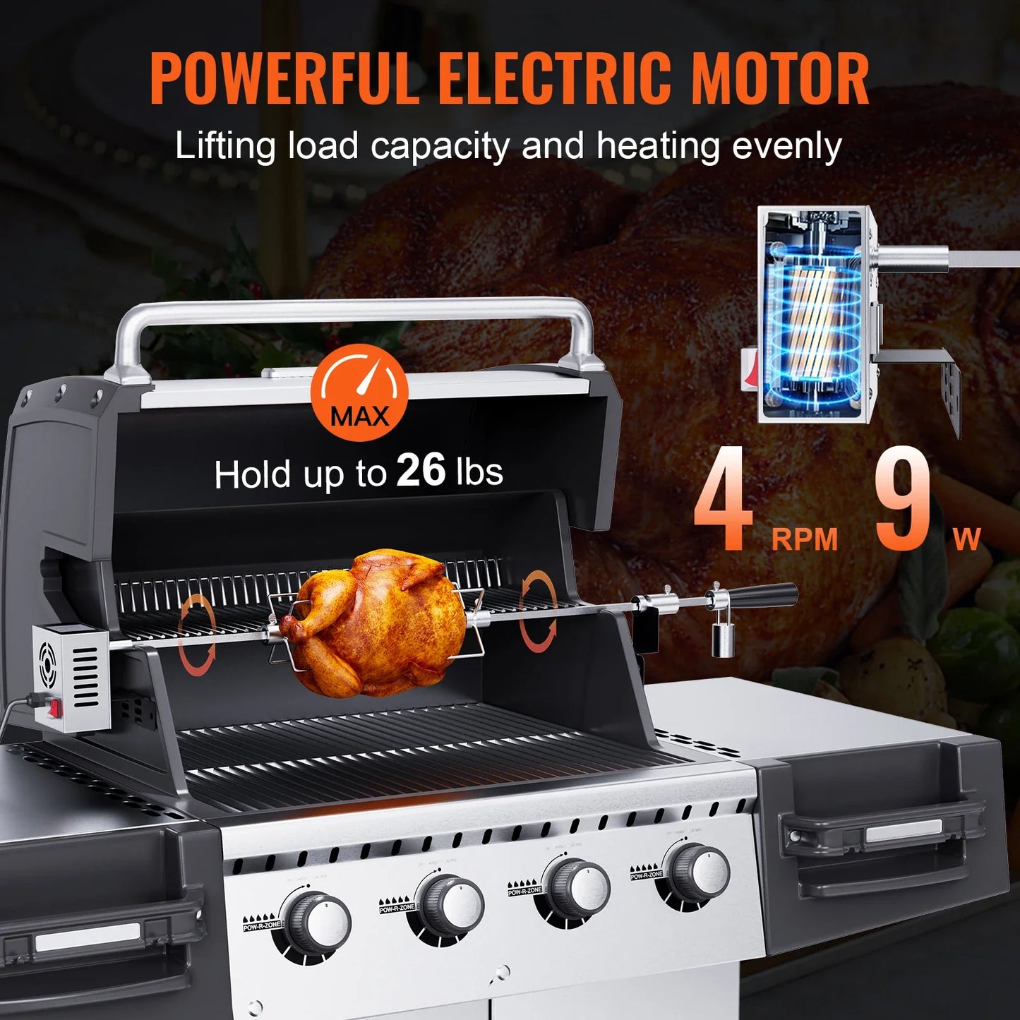 SucceBuy Universal Grill Rotisserie Kit — Stainless Steel Electric BBQ Grill with 9W Motor, Automatic Grilling Set