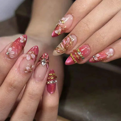 24PCS Strawberry Bow Press On Nails - Red Short Almond Pearl Starlight Floral False Nail Art Tips