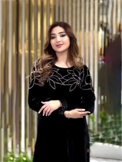 Women’s Eid Ramadan Velvet Abaya Dress 2026 – Diamond Embellished Dubai Jalabiya with Belt Muslim Party Gown