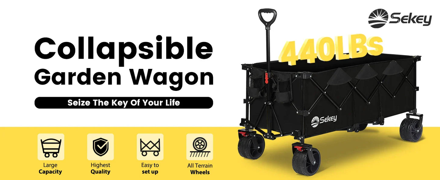 Sekey 48" Collapsible Folding Wagon — Heavy Duty 300L Utility Garden Cart with 440lbs Capacity