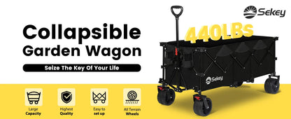 Sekey 48" Collapsible Folding Wagon — Heavy Duty 300L Utility Garden Cart with 440lbs Capacity