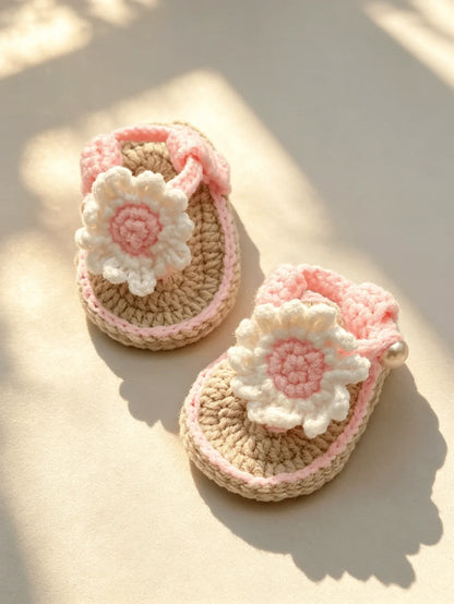 Handmade Crochet Baby Girl Sandals - Pink & Beige Flower Pearl Newborn Booties