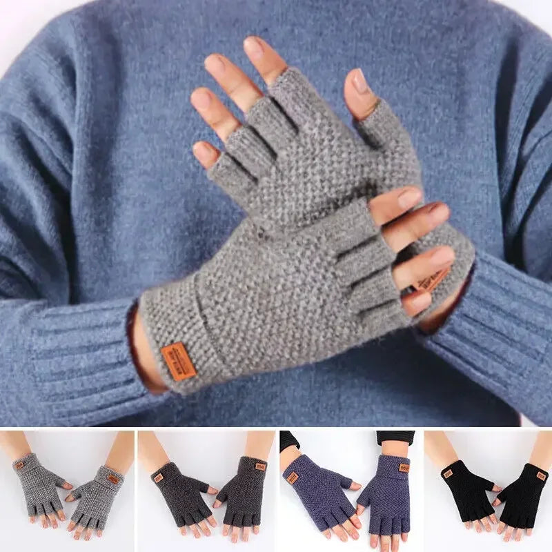 Winter Fingerless Gloves for Men – Knitted Wool Half Finger Gloves for Writing, Office, Driving & Outdoor Use