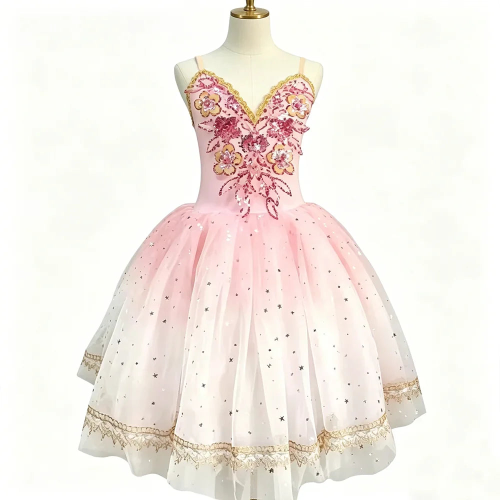 Girls' Ballet Costume - Pink Tulle Skirt with Sequin Flowers for Dance Performances