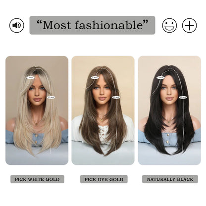 7JHH Honey Blonde Wig with Bangs - Long Brown Layered Heat Resistant Synthetic Wig for Women, Daily Use