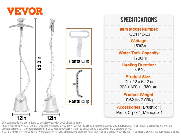 VEVOR Standing Garment Steamer with Foldable Hanger - 0.5 Gallon Tank for 90-Minute Continuous Home Steam Cleaning
