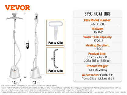 VEVOR Standing Garment Steamer with Foldable Hanger - 0.5 Gallon Tank for 90-Minute Continuous Home Steam Cleaning