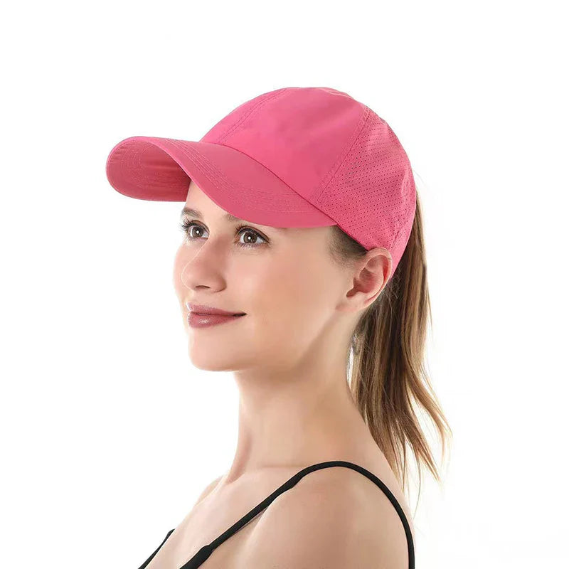 Summer Solid Color Baseball Cap – Quick-Drying Mesh Golf & Sports Hat for Women, Cross Ponytail Design, Men's Peaked Cap