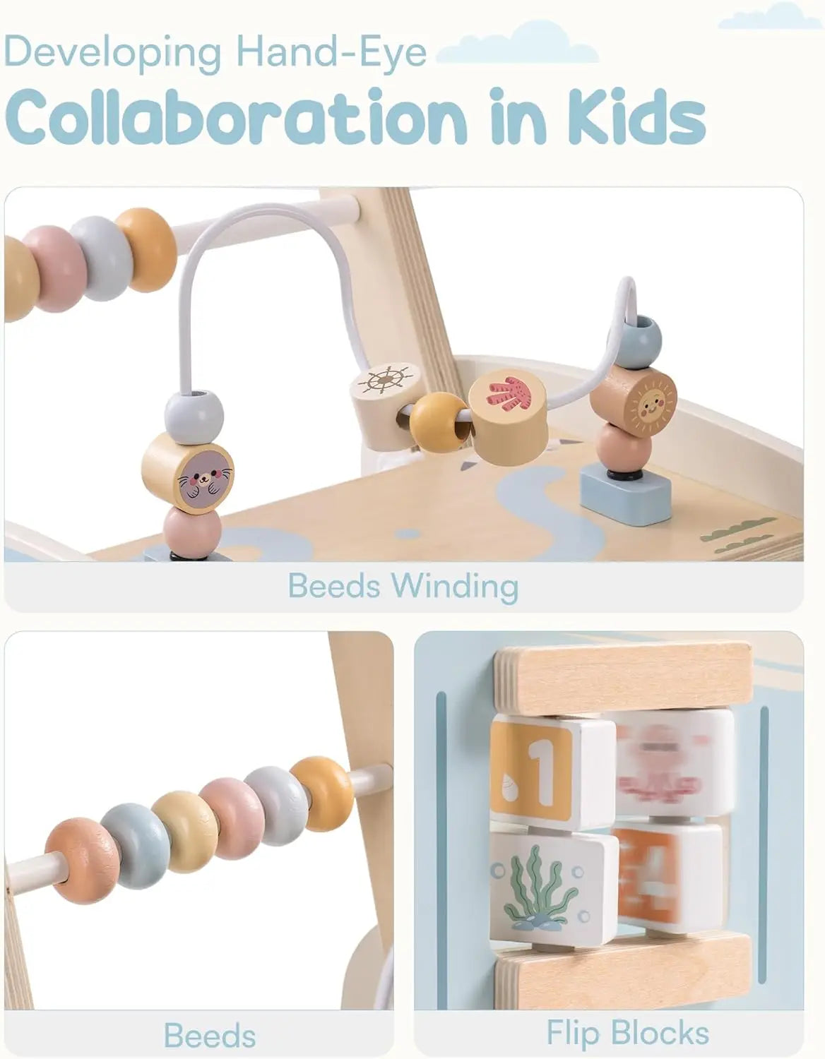 Robotime Robud Wooden Baby Walker – Multifunctional Push-Along Activity Walker with Wheels, Gift for Boys & Girls