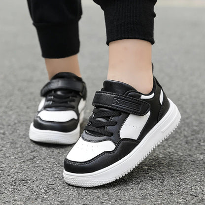 Children’s Black Leather Sneakers – Non-Slip Casual Flat Walking Shoes for Boys & Girls, Lightweight Student Sports Footwear