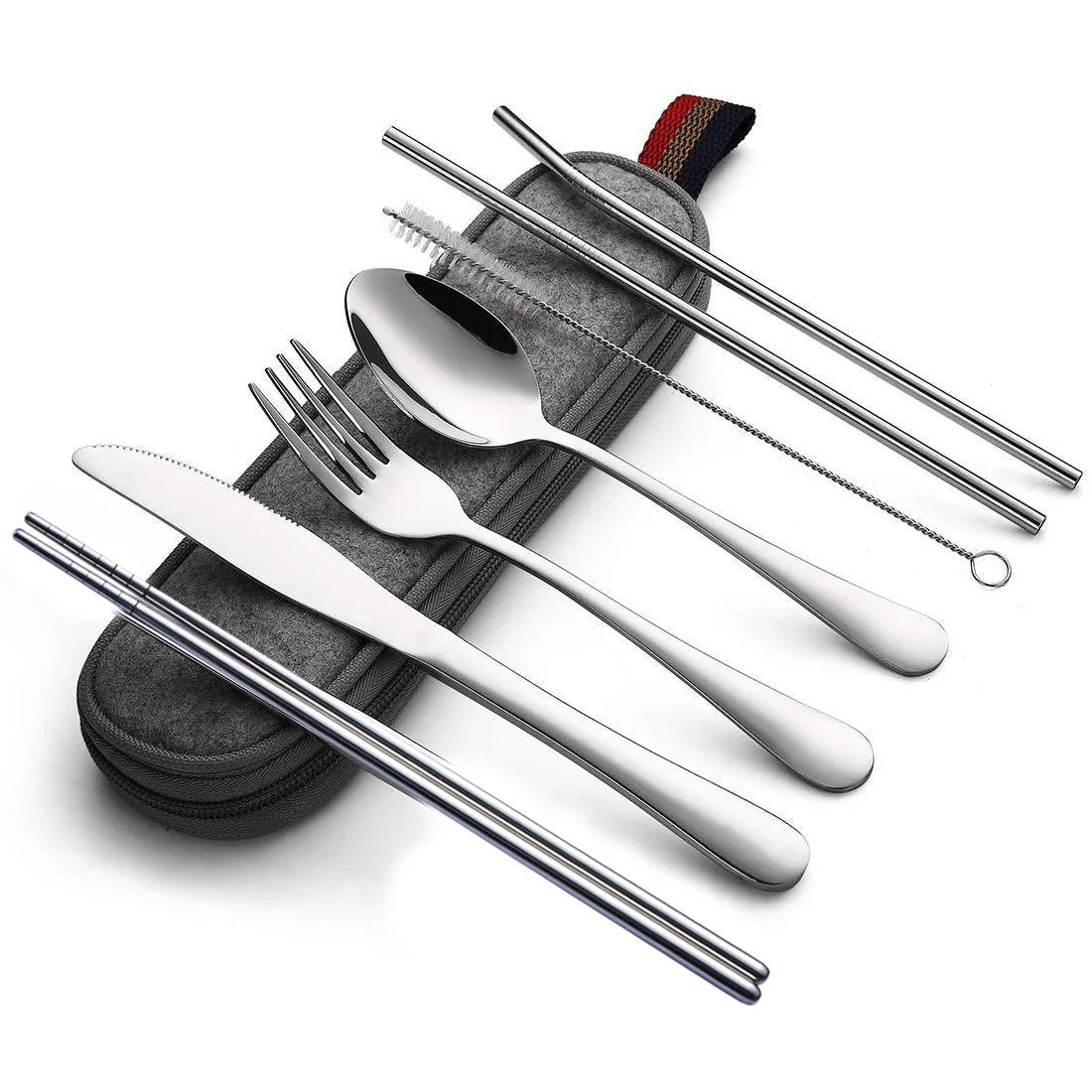 Portable Stainless Steel Travel Cutlery Set - 8Pcs Reusable Utensils with Spoon, Fork, Chopsticks, Straw & Case