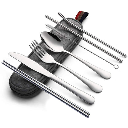 Portable Stainless Steel Travel Cutlery Set - 8Pcs Reusable Utensils with Spoon, Fork, Chopsticks, Straw & Case