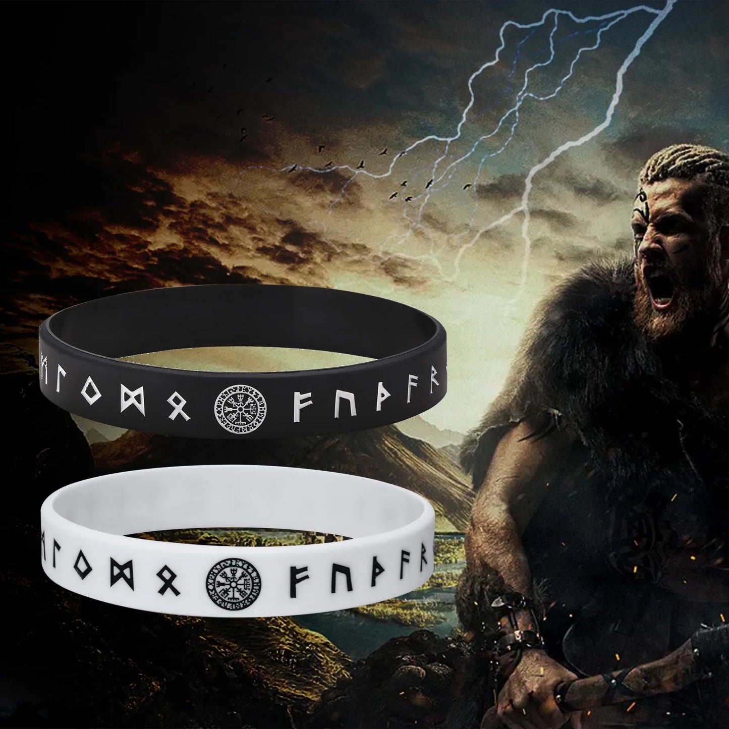 Vnox 12mm Silicone Bracelet for Men - Soft Rubber Viking Compass Rune Amulet Wristband Set