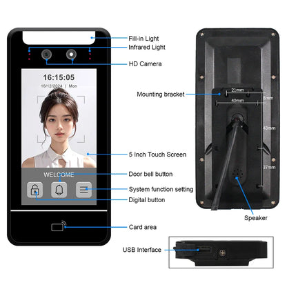5-Inch Face Recognition Access Control System – Waterproof RFID & Password Attendance Reader for Door Entry