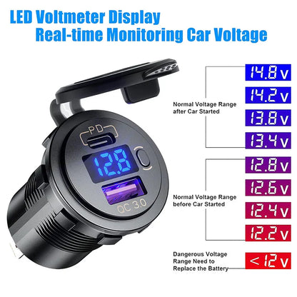 Car USB Charger with QC3.0 PD Type C and Switch Socket - for 12V/24V Vehicles, Boat, Motorcycle, SUV, Bus, Truck, Caravan, Marine