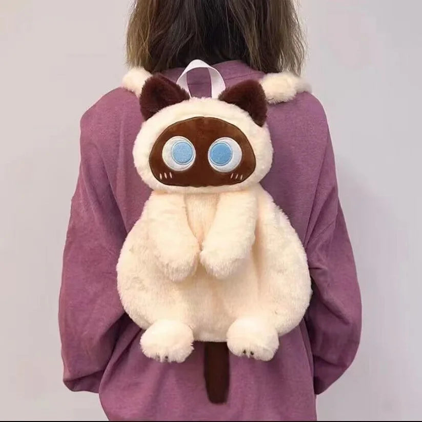 40cm Kawaii Big Eyes Cat Plush Backpack - Cute Large-Capacity Stuffed Animal Bag for Kids & Adults